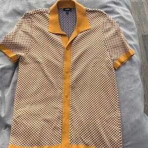 Express Mustard and Cream Short-Sleeve Button-Down Knit Polo